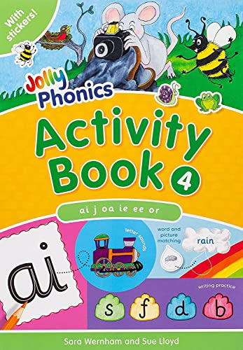 Jolly Phonics Activity Book 4 cover featuring cartoon animals, letter sounds, and educational activities.