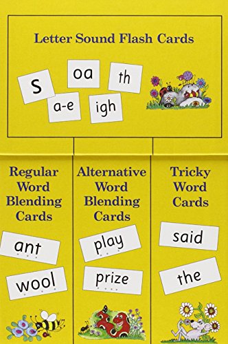 Jolly Phonics flashcards with letters, sounds, and illustrated examples.