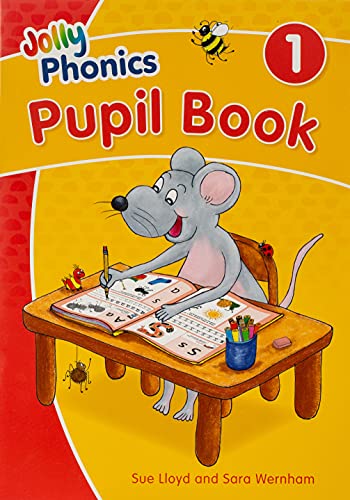 Jolly Phonics" pupil book cover with a mouse writing at a desk.