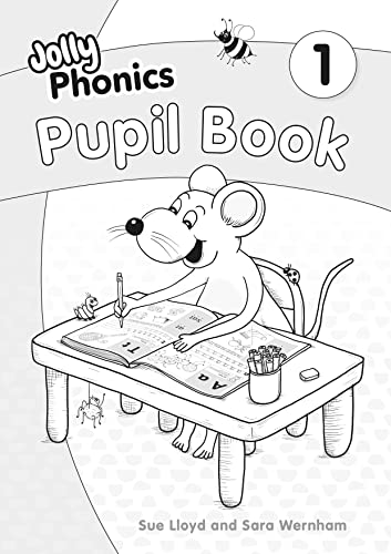 Black and white cover of Jolly Phonics Pupil Book 1 featuring a mouse.