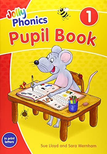 Jolly Phonics Pupil Book 1 cover with a mouse writing at a desk.