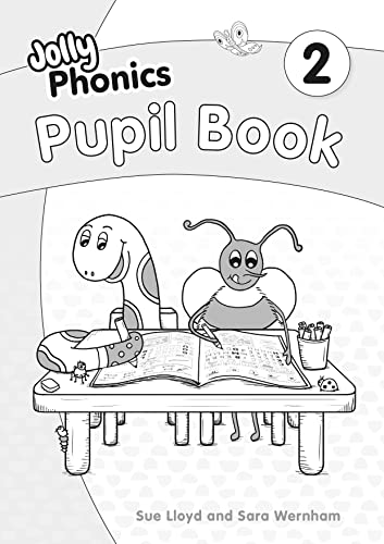 Jolly Phonics" Pupil Book 2 cover with cartoon insects at a desk.