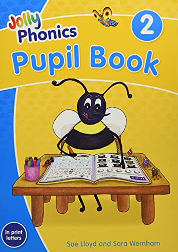Jolly Phonics Pupil Book 2 cover with a cartoon bee at a desk.
