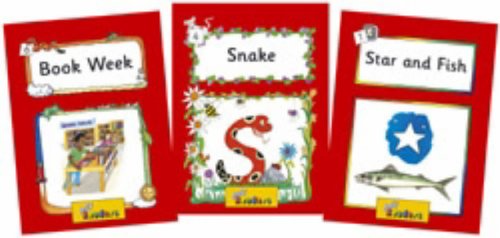 Three Jolly Phonics Level 1 red books titled Book Week, Snake, and Star and Fish.