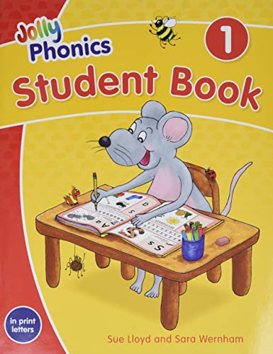 Jolly Phonics Student Book 1 cover featuring a cartoon mouse writing in a workbook.