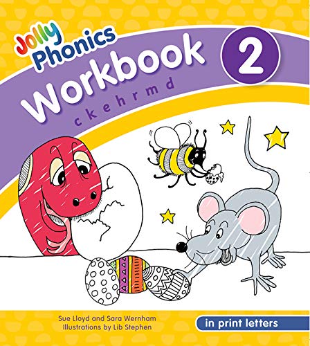 Jolly Phonics Workbook 2 cover with dinosaur, bee, and mouse illustrations.
