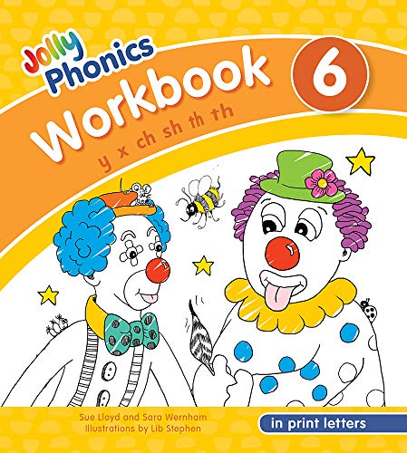 Jolly Phonics Workbook 6 cover featuring two clowns, a bee, and phonics letter sounds.
