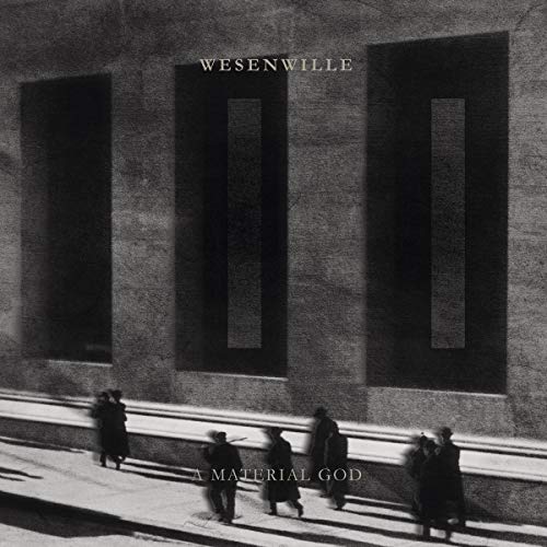 Black and white album cover with architectural shapes and figures.