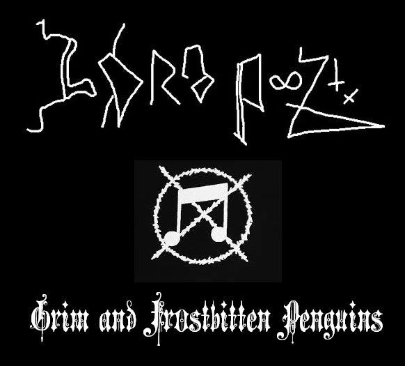 Black background with white abstract shapes and stylized text: "Grim and Frostbitten Penguins".