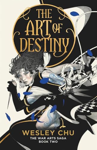 Book cover: woman with swords, ornate design, dark and light contrast.