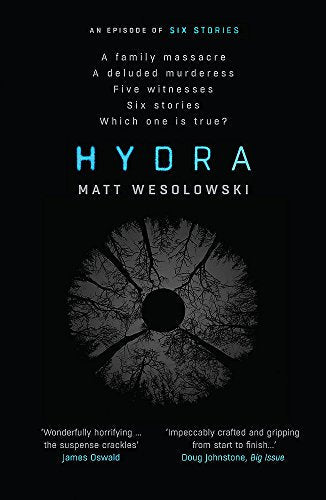 Book cover with black background, blue title "Hydra" and a circular tree image.