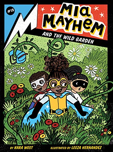 Book cover: three children in superhero costumes amidst lush greenery.