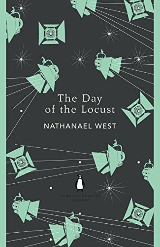 Book cover: “The Day of the Locust” with stylized locusts and penguin logo.