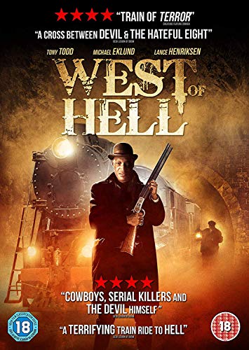 DVD cover for "West of Hell" featuring a man holding guns in front of a train.