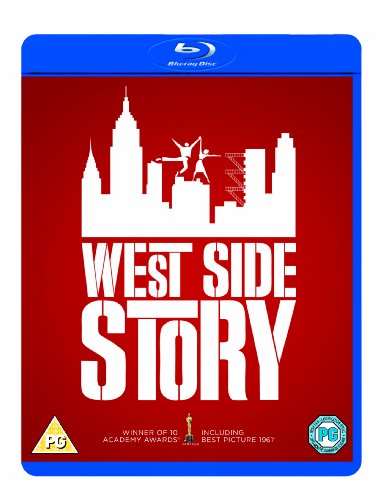 "Blu-ray case with red cover featuring white 'West Side Story' title and city skyline."