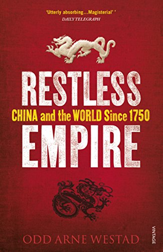 Red book cover with white text: "Restless Empire," and dragon imagery.