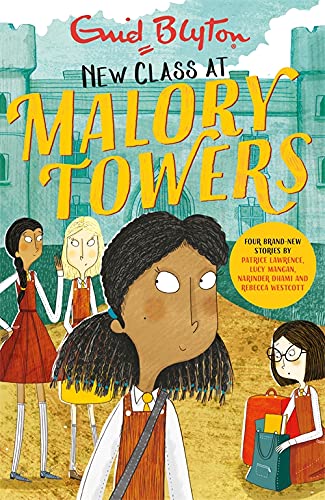 Book cover illustration featuring four schoolgirls in uniforms standing in front of Malory Towers.
