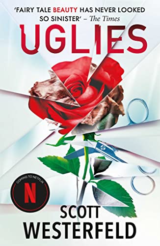 Book cover for "Uglies" featuring red roses and silver scissors.