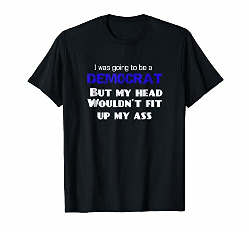 Black t-shirt with politically charged text in blue and white.