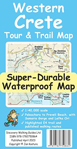 Western Crete Tour and Trail map showing topographical details, walking routes, and a barcode.