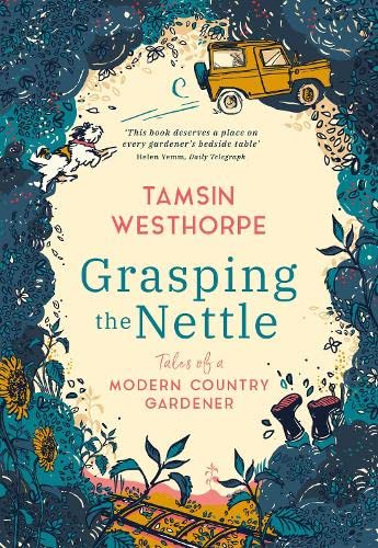 Book cover with illustrated foliage, a car, dog, and bold title text.