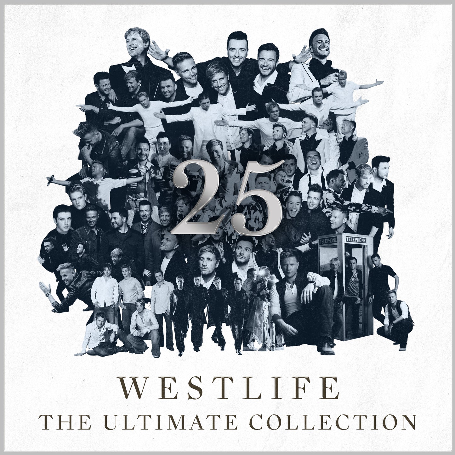 Black and white collage of Westlife band members, with 25 in large font centre.