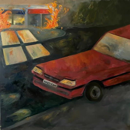 Painting of a red car and burning gas station at dusk.