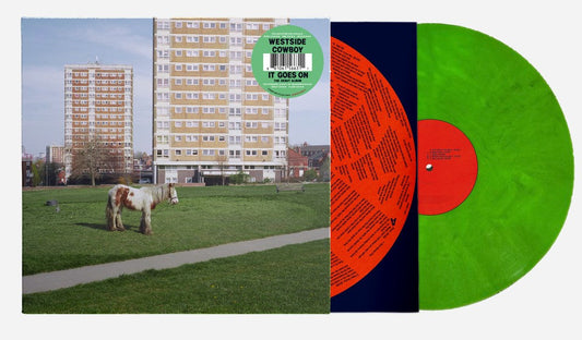 Green vinyl LP with cover showing a horse and apartment buildings.