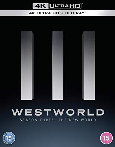 Westworld Season 3 Blu-ray cover with three silver vertical rectangles.