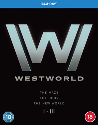 "Westworld Blu-ray cover with silver 'W' logo and '18' rating symbols on black background."