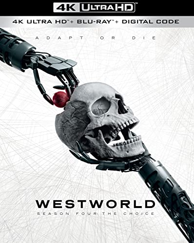 Westworld Season Four Blu-ray cover with robotic hand holding a human skull.