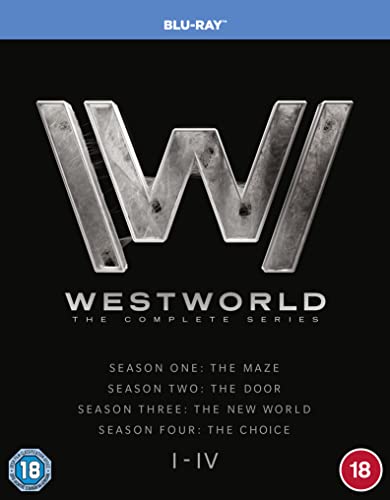 Westworld" Blu-ray box set cover with a metallic "W" and series title.