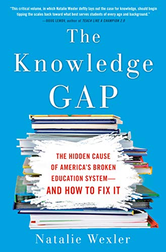 Book cover for “The Knowledge Gap” with stacked books and blue background.