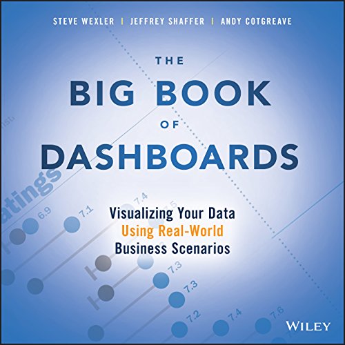 Book cover for The Big Book of Dashboards with a blue data visualization background.
