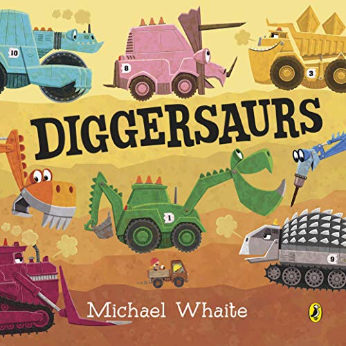 Book cover featuring colorful cartoon dinosaur-themed construction vehicles on a sandy construction site.