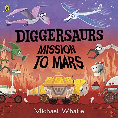 Book cover showing robotic dinosaurs on a red Martian landscape under a starry sky.