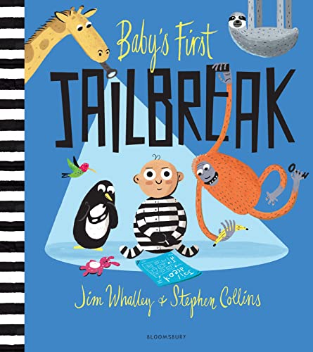 Book cover with baby in striped suit, surrounded by colorful animals.