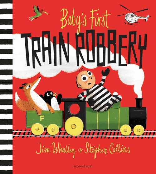Book cover: baby in striped pajamas on a green train with animals.