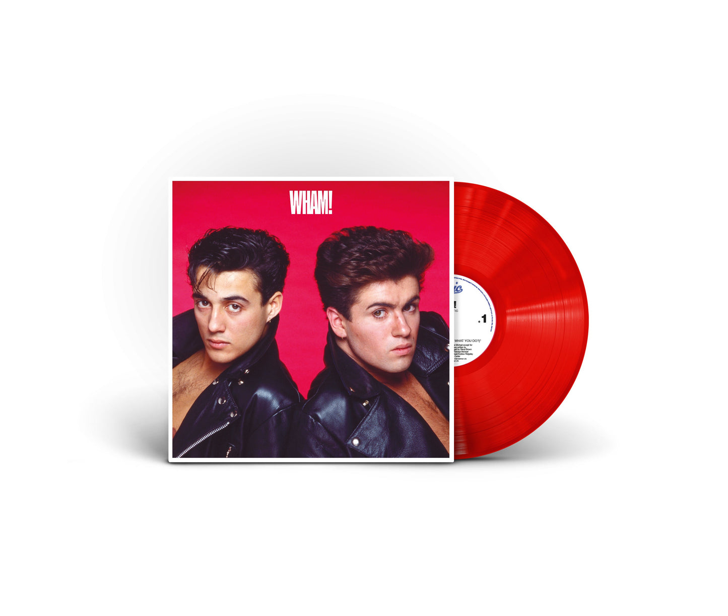 Wham! "Fantastic" red vinyl record with album cover featuring two men.