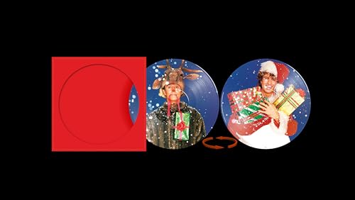 Wham! "Last Christmas" vinyl record and red sleeve on black background.