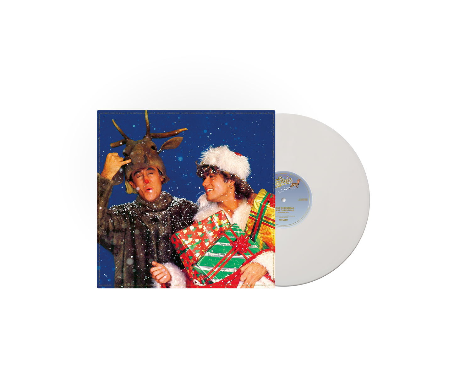 Wham! Last Christmas album cover showing two men in costumes beside a white vinyl record.