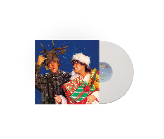 Wham! Last Christmas album cover showing two men in costumes beside a white vinyl record.