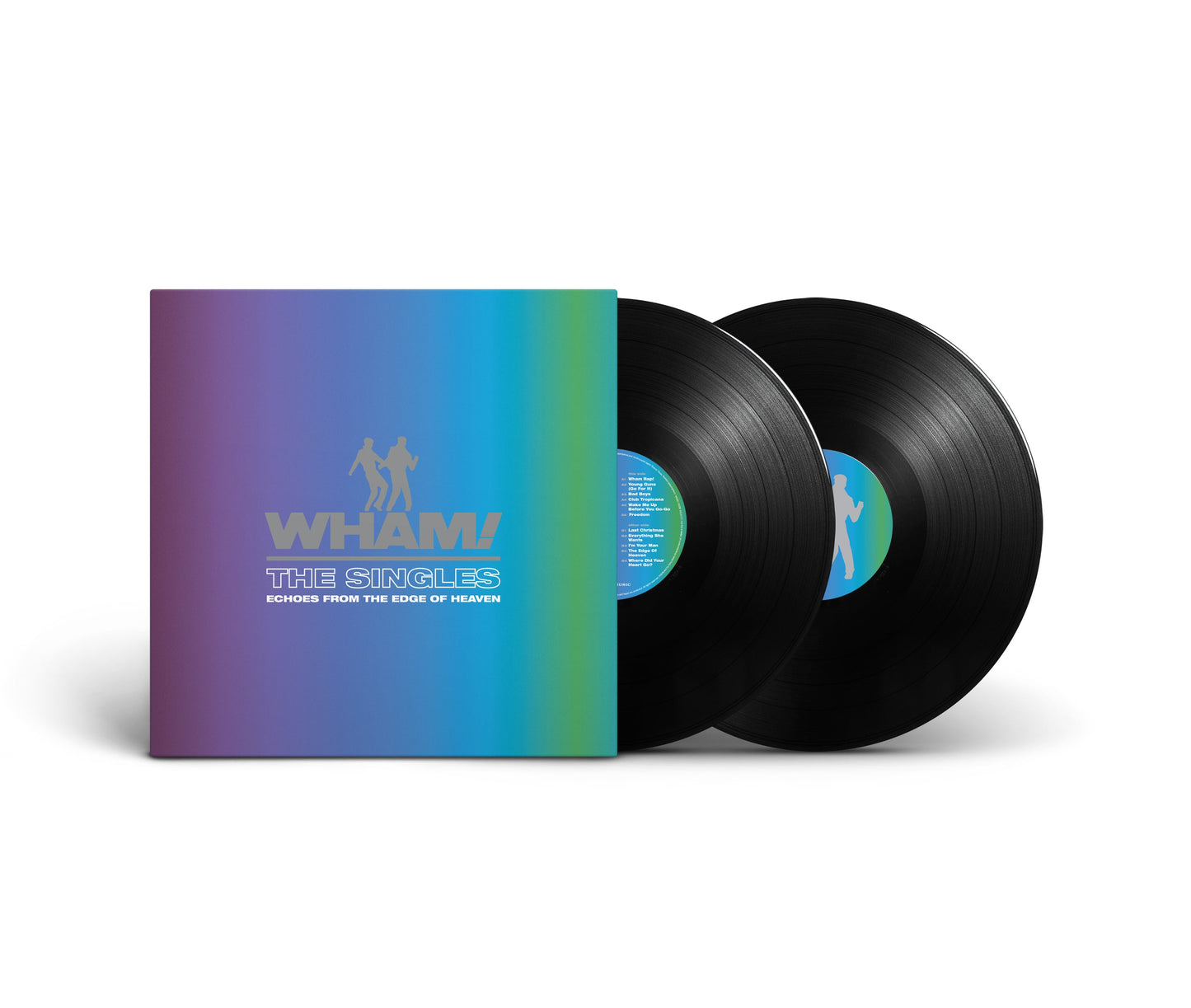 Wham! The Singles vinyl album cover with two black records on a white background.