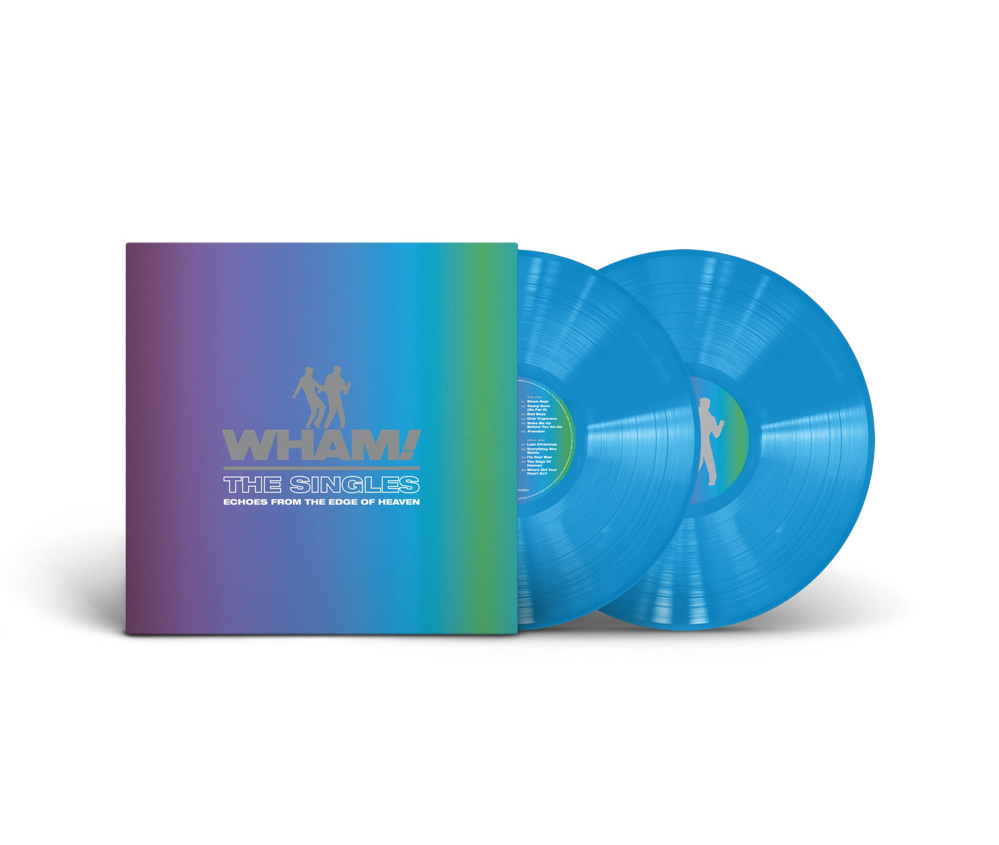 Wham! The Singles vinyl album cover with two blue vinyl records.