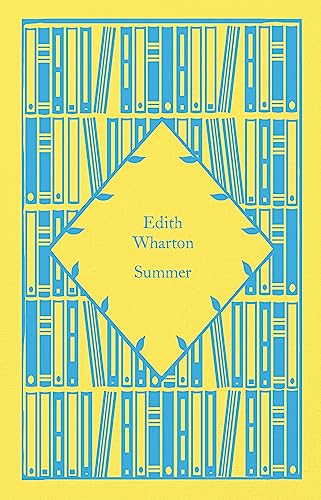 Yellow book cover with blue bookshelf design and text “Edith Wharton Summer”.