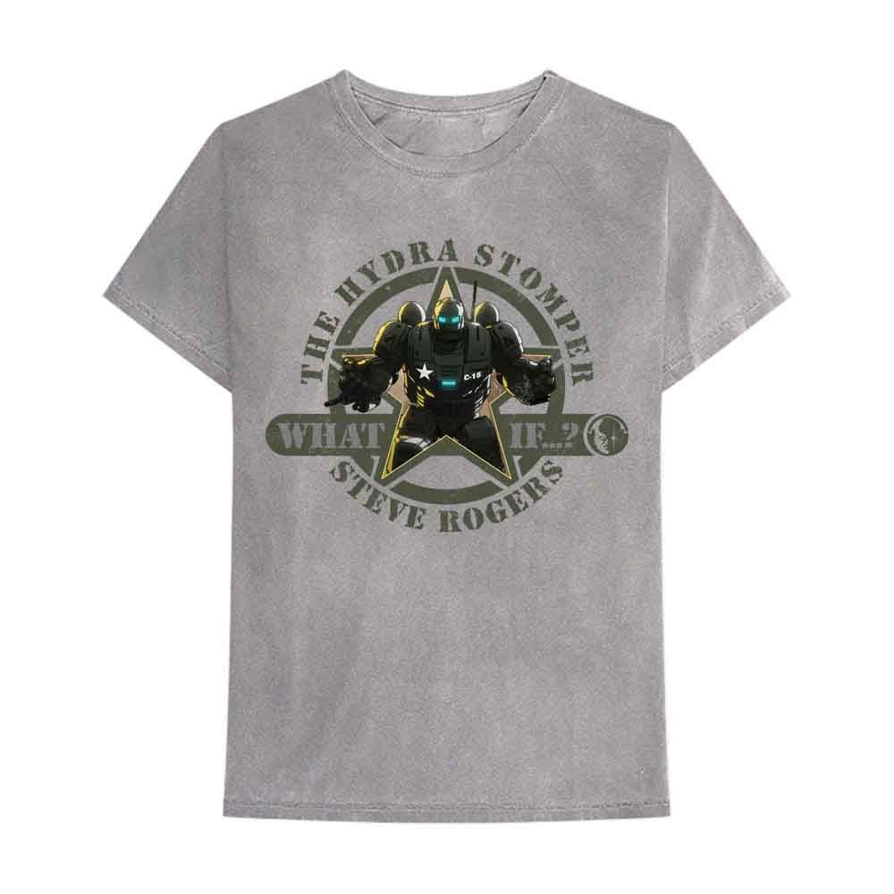 Grey t-shirt with a circular design featuring a robotic figure.