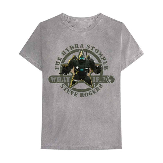 Grey t-shirt with a circular design featuring a robotic figure.