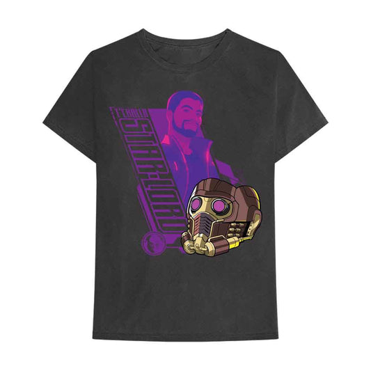 Black t-shirt featuring T'Challa as Star-Lord with mask illustration.