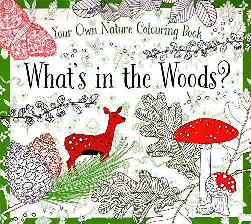 What's in the Woods?" coloring book cover with deer, mushrooms, and foliage.