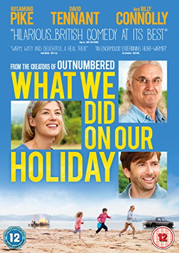 DVD cover for “What We Did On Our Holiday” featuring cast photos and beach scene.